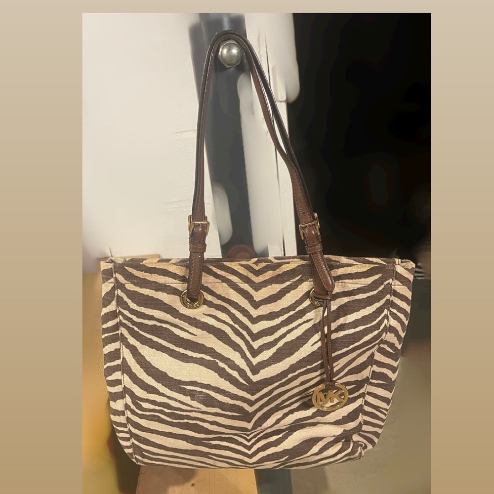 Michael Kors zebra print canvas tote with leather trim